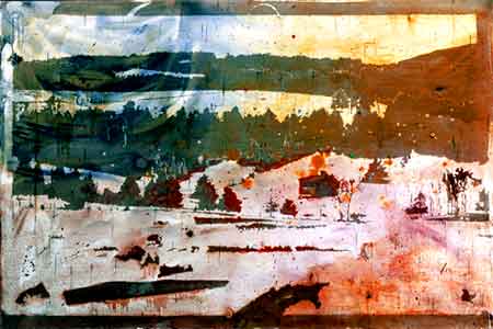 The Red Barn, 2003, Acrylic, oil and encaustic on linen 51.5 x 72 inches, Private Collection